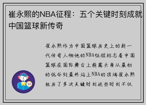 崔永熙的NBA征程：五个关键时刻成就中国篮球新传奇