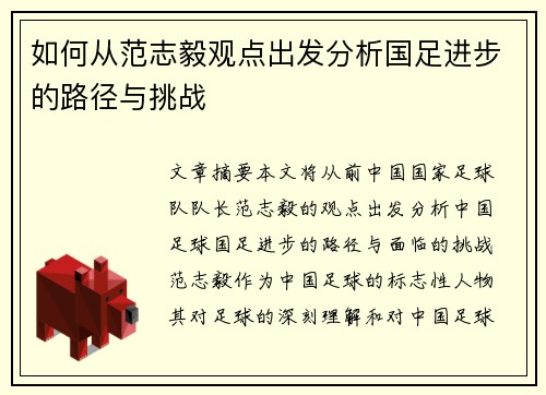 如何从范志毅观点出发分析国足进步的路径与挑战